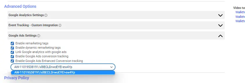 Advanced Ads option for Google Ads Enhanced Conversion Tracking