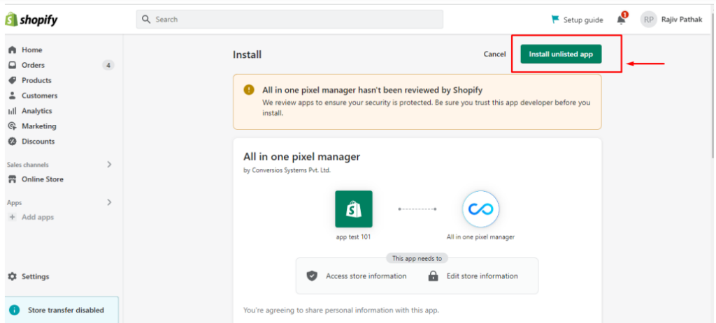Shopify App Installation of Conversios