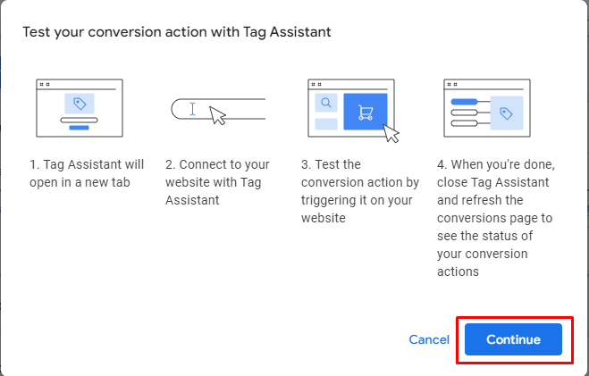 Testing Conversion Action with tag Assistant