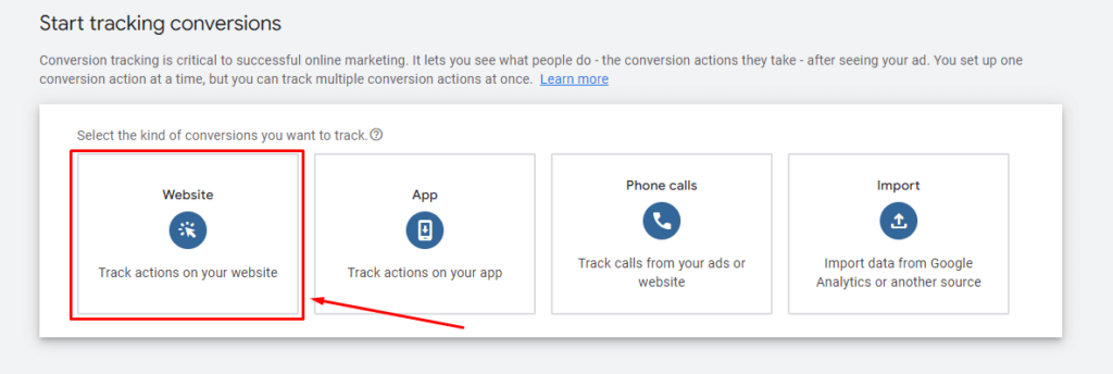 Creating conversion actions to track from website