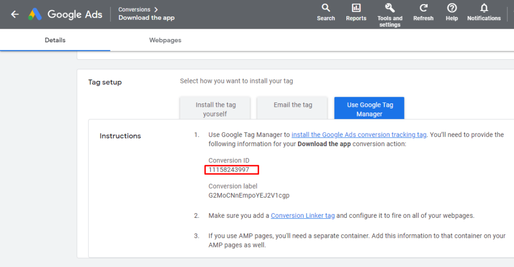 Conversion id in Google Ads