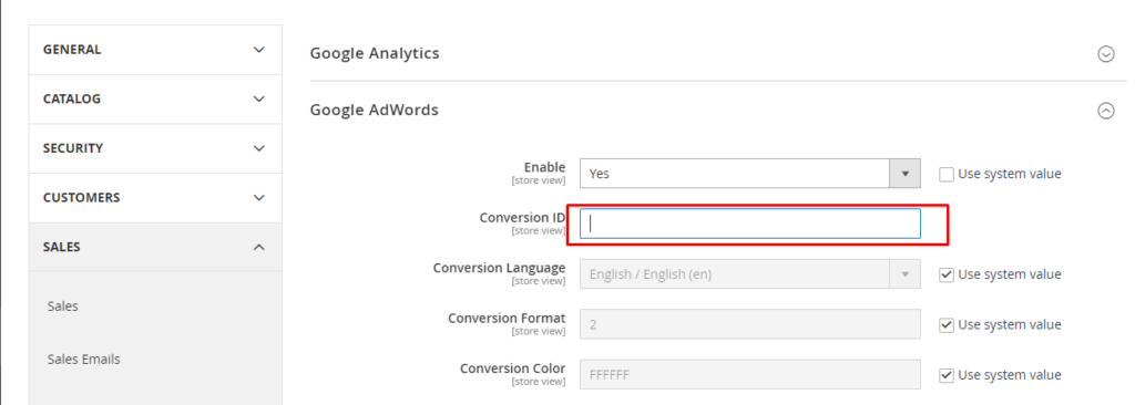 Conversion id setup in Magento store