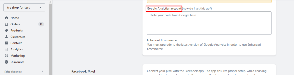 Google Analytics account in Shopify