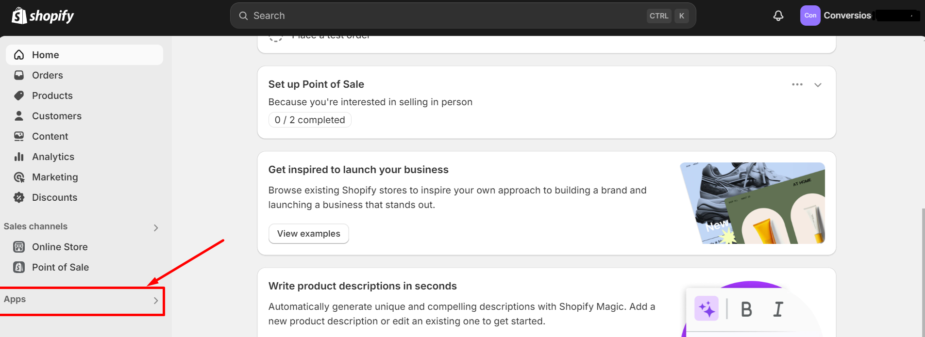 Access Apps Setting in Shopify App Store