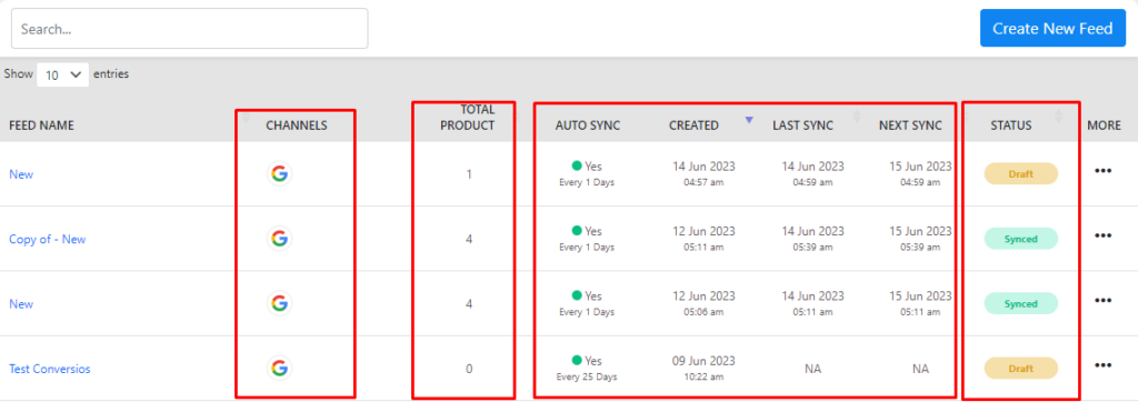 Create new product feed and manage channel, product, sync details, status & more