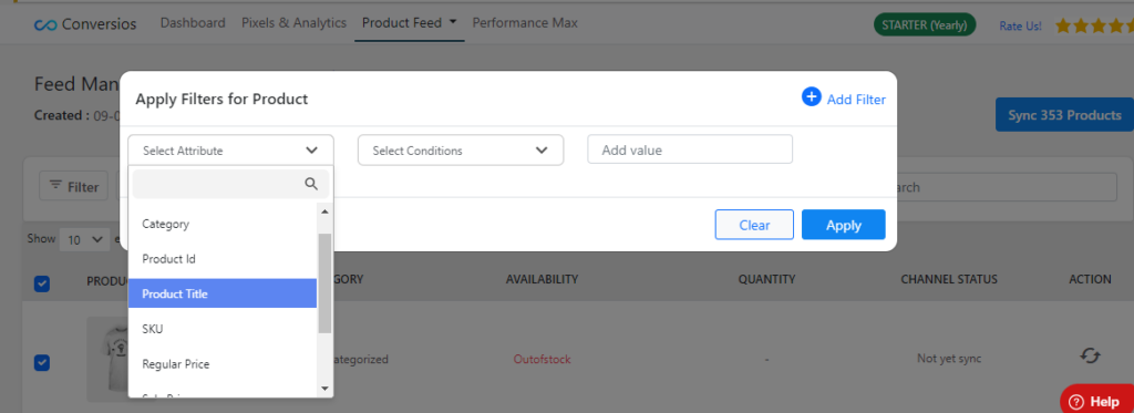 ,Apply filters to product in Conversios plugin