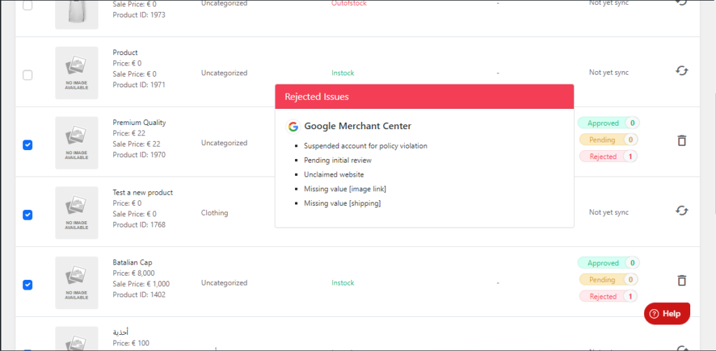 Rejected issues of products in Google Merchant Center
