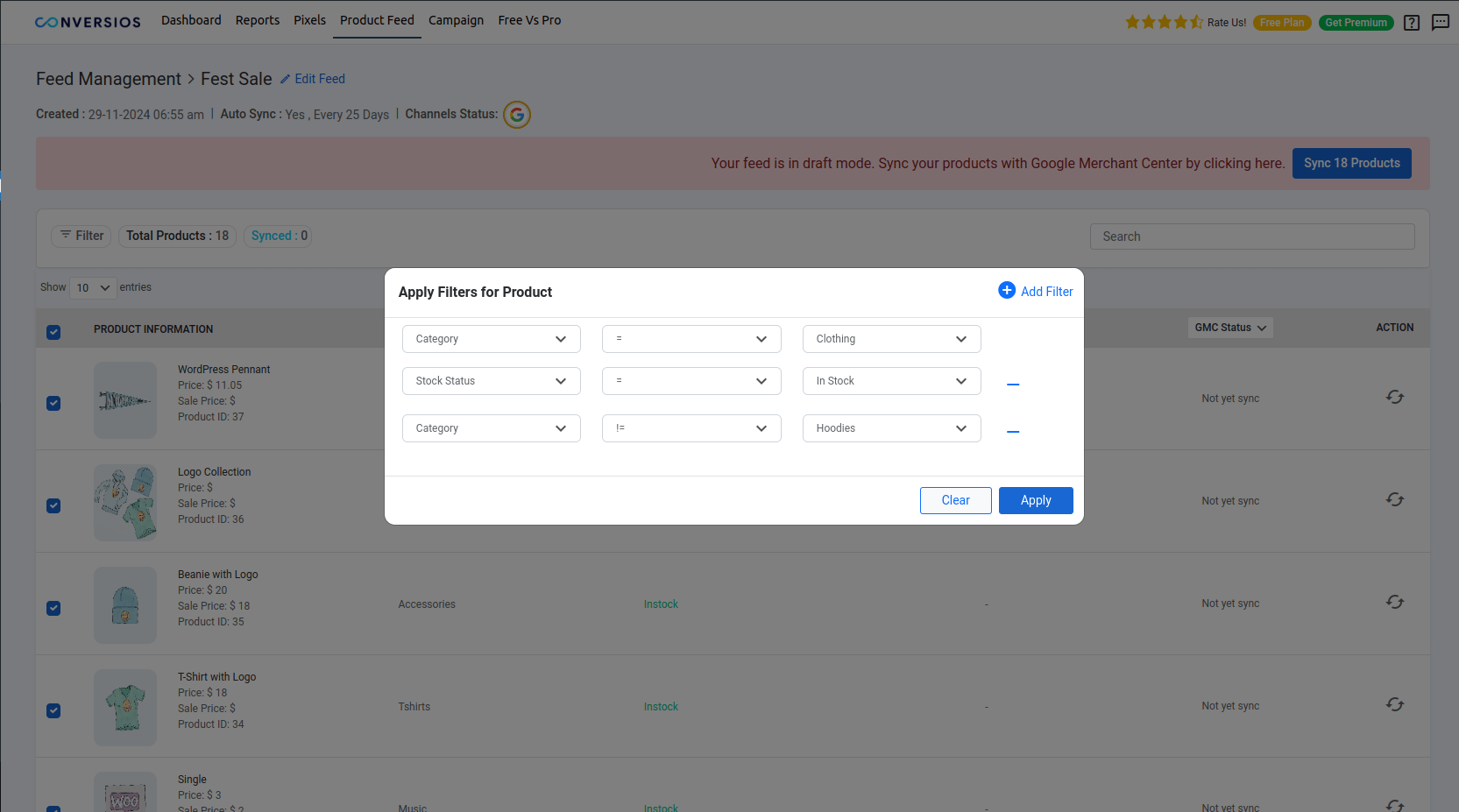 Apply filters on created product feed for accurate targeting