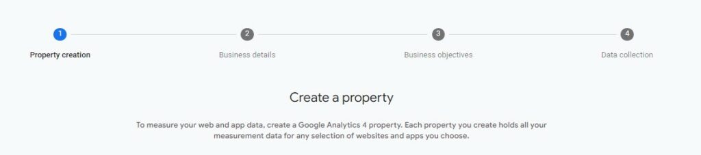 Complete the prompt to create a property in Google Analytics 4