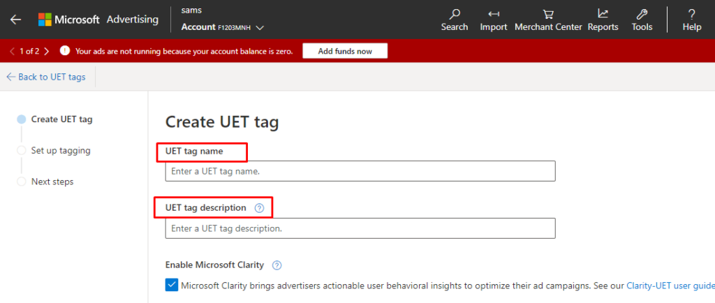 Give name and description to your Microsoft (UET) tag