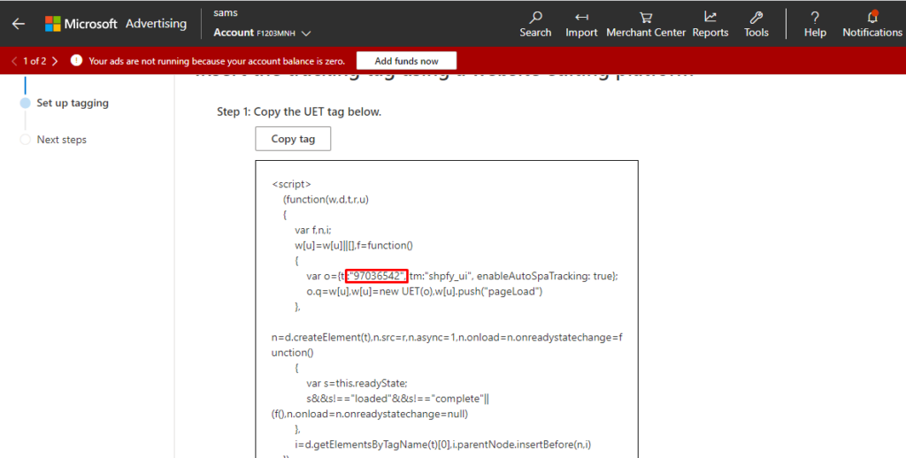 Get the UET Tag from Microsoft Ads Manager Account