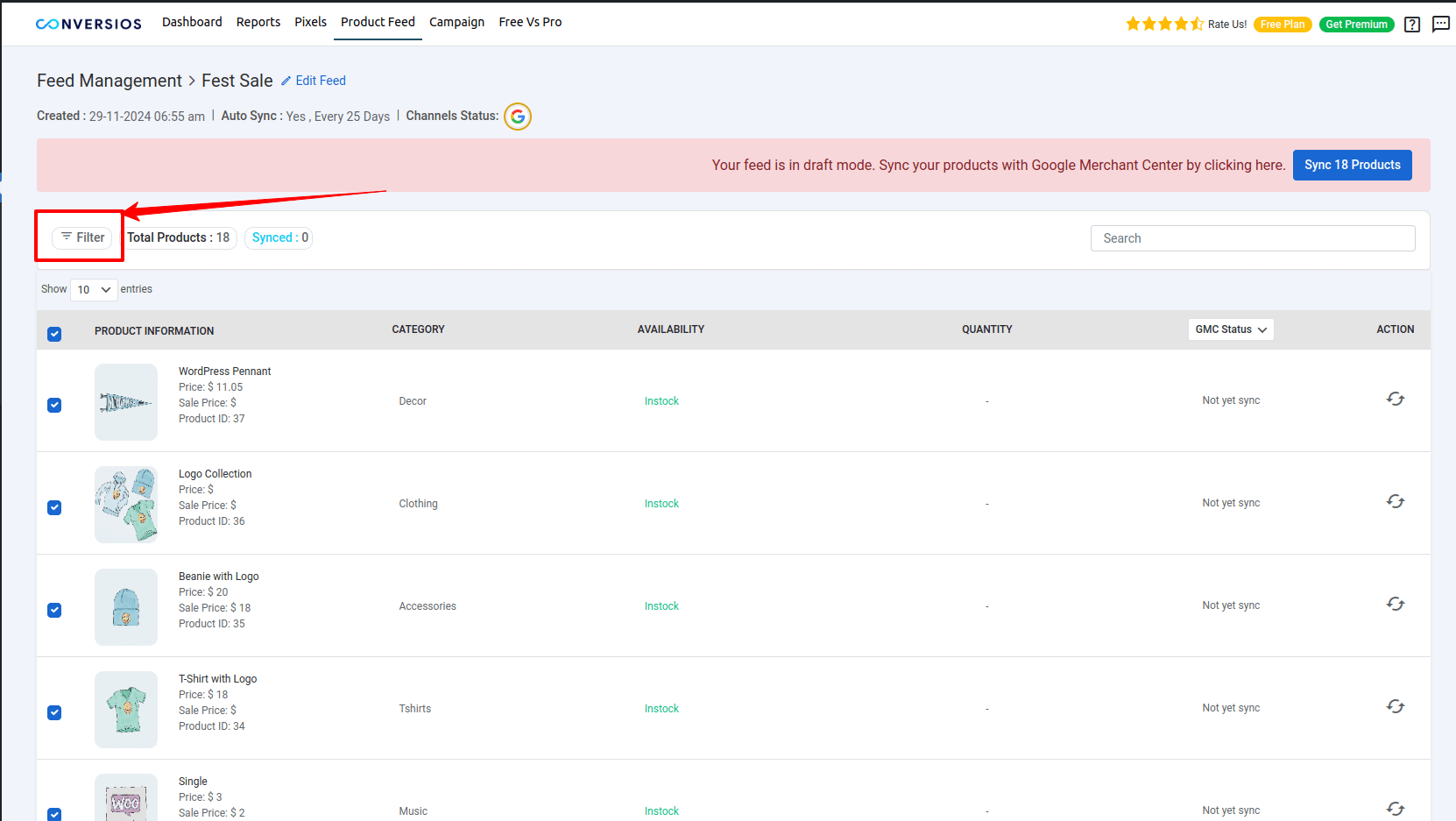 Once feed created you can apply filters on Product Feed