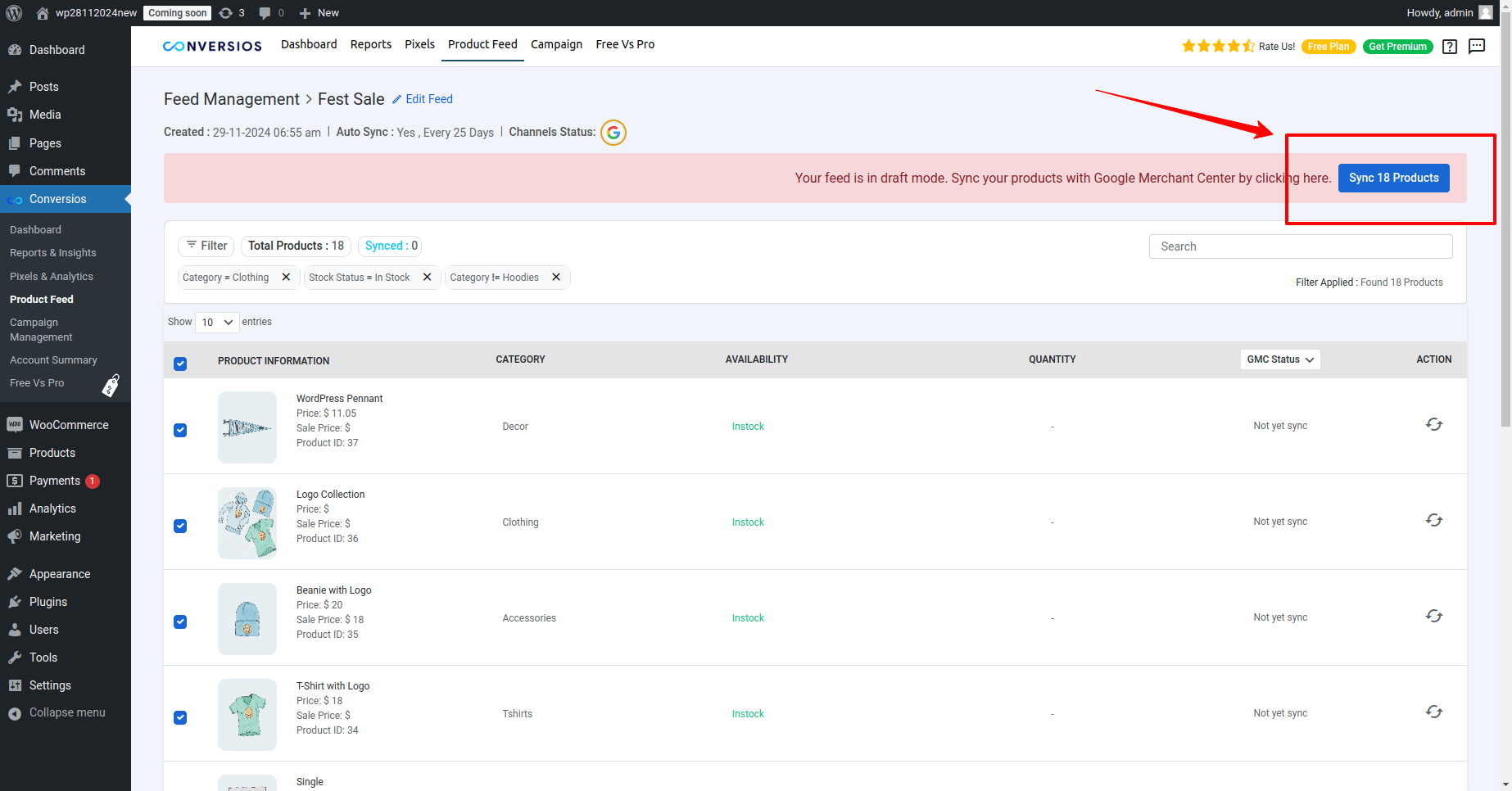 Sync the Product with updated filters for your product feed