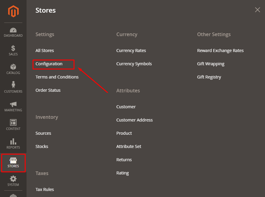 Navigate to Stores and Configuration in Magento store