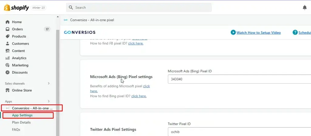 Conversios interface to paste your Microsoft Ads (Bing) Pixel ID