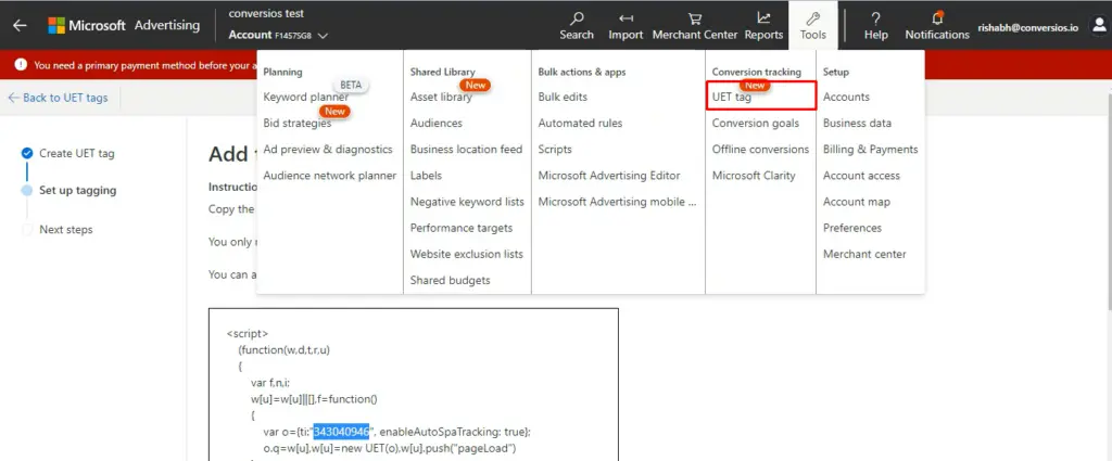 Go to Microsoft Ads Manager and click on tools
