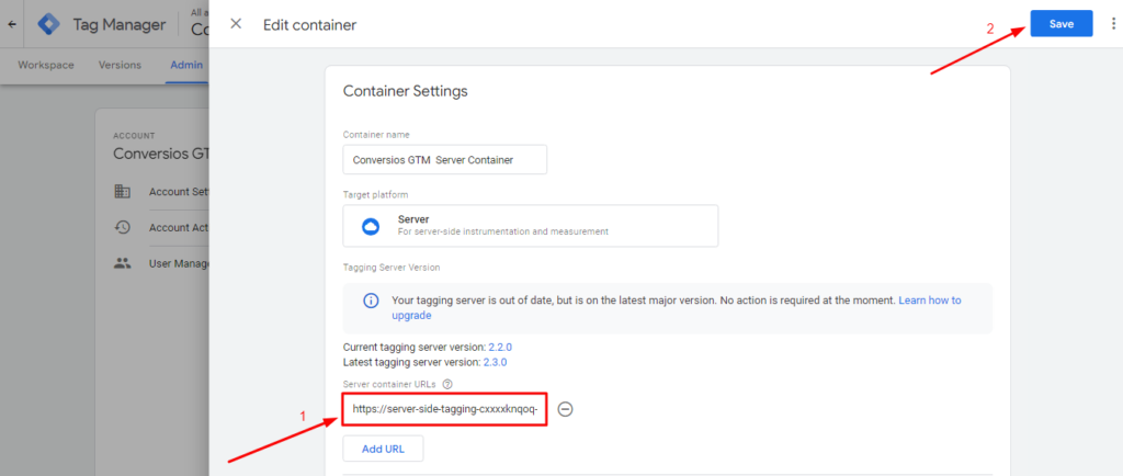 server container URL