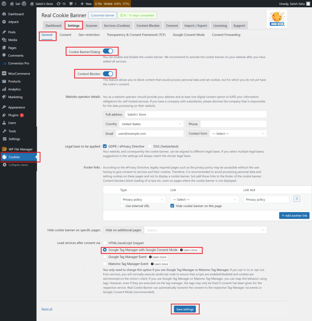 Access the Cookies Plugin Section