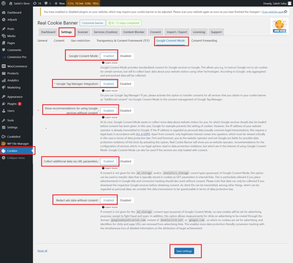 Google Consent Mode settings in Real Cookie Banner CMP Plugin