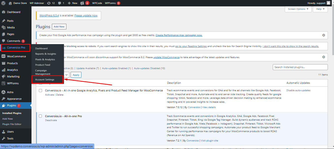 Activating the Conversios Plugin