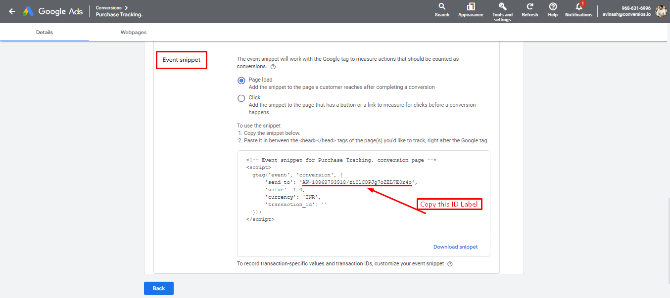 Copy Generated Conversion Label