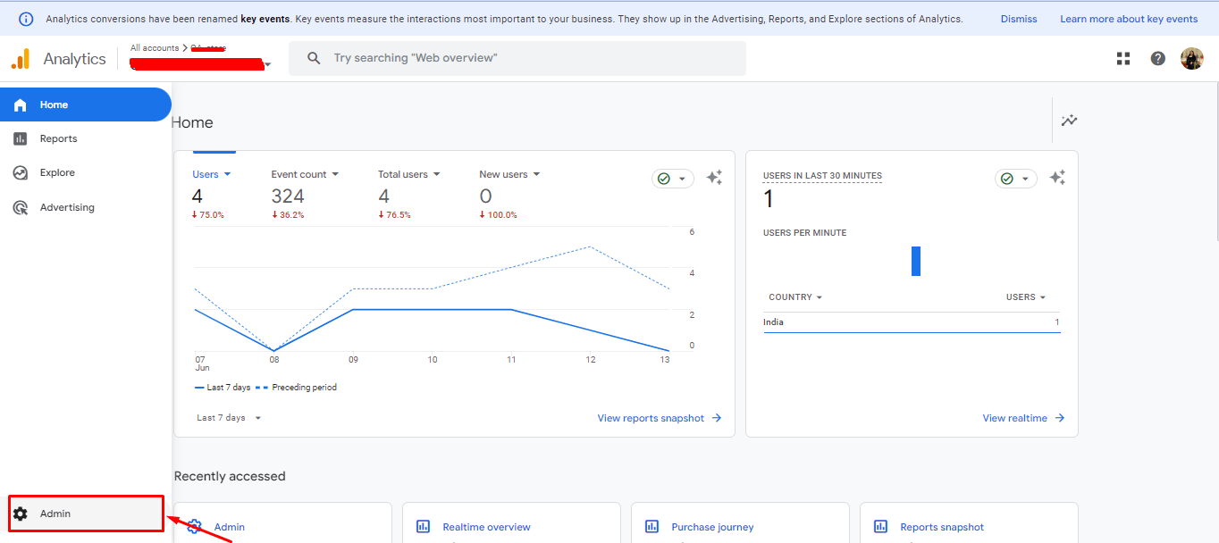 Navigating to Google Analytics Admin 