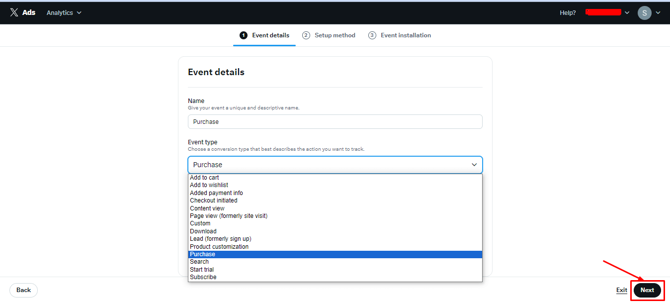 Select Purchase Event from event type