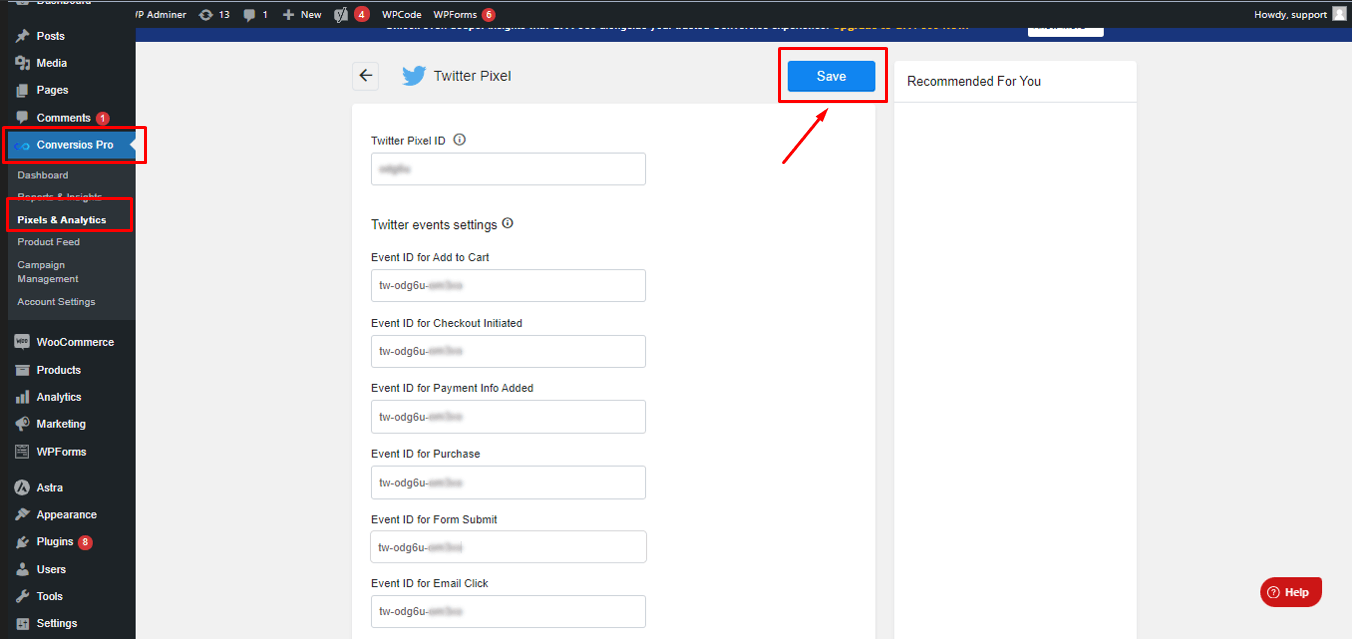 Save Twitter Pixel in Conversios Plugin