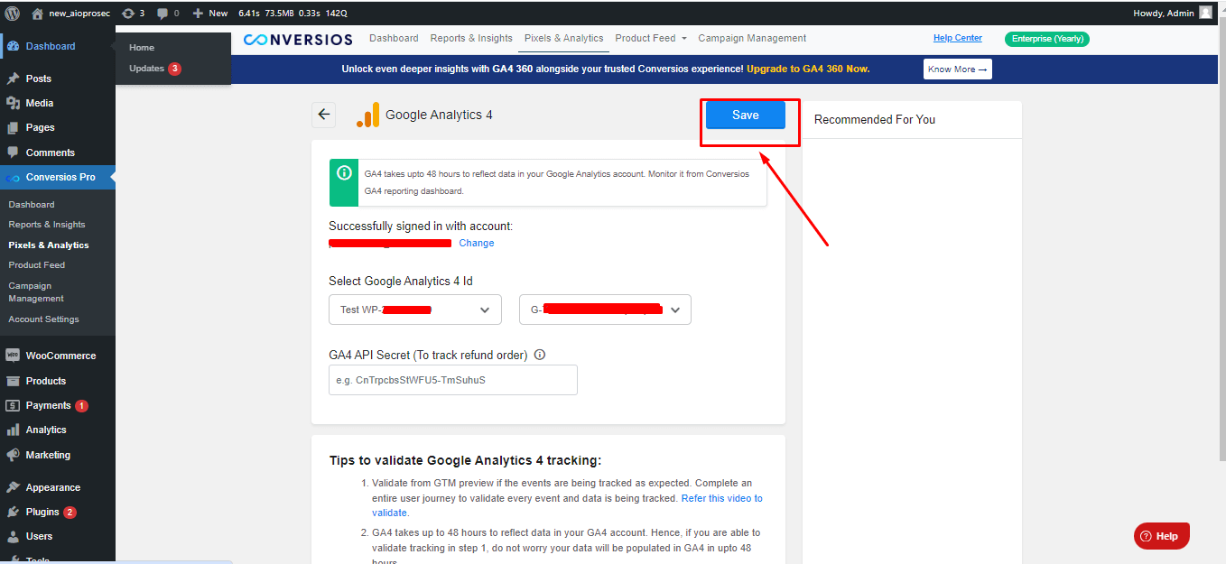 Saving the GA4 Account ID and Measurement ID 
