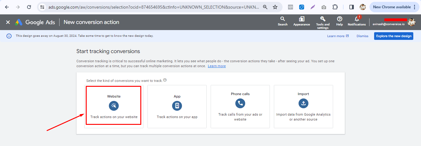 Select Website for Track Website Conversions Action