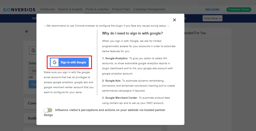 Sign in with Google Pop-up window
