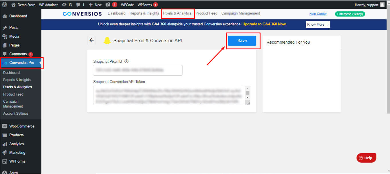 Snapchat Conversion API Token to Conversios Plugin