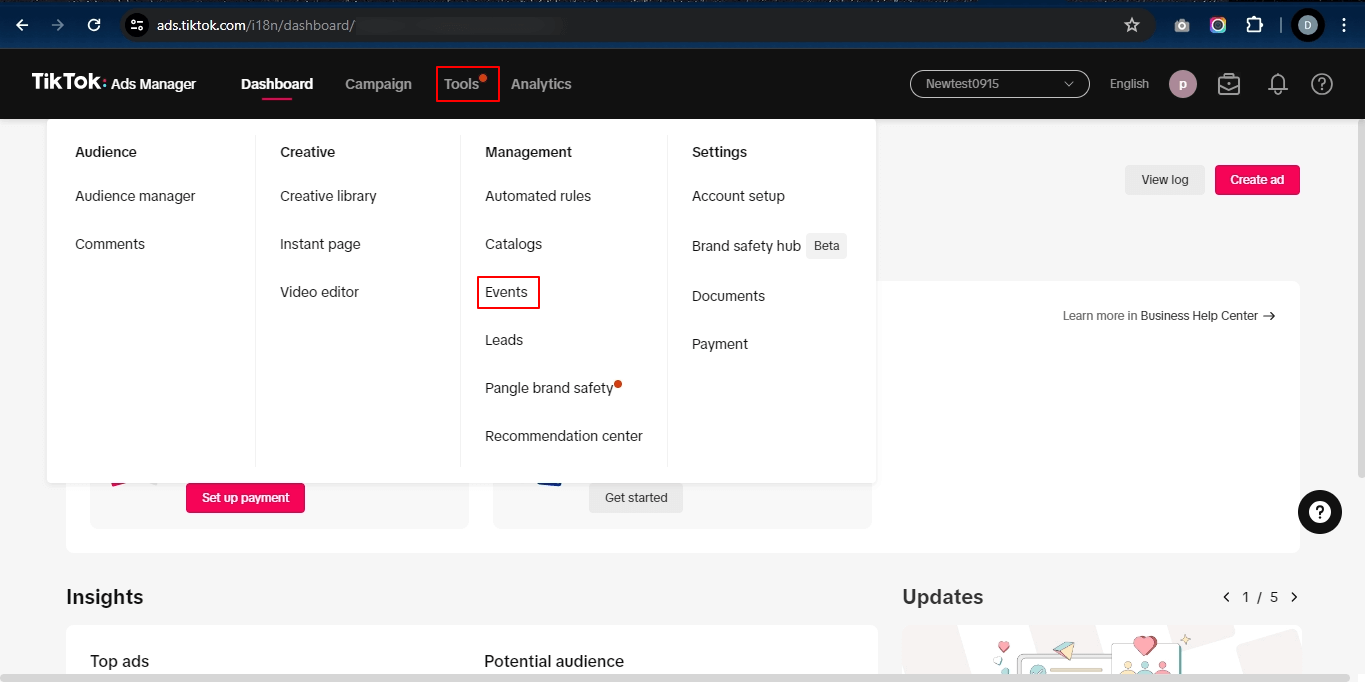 Tiktok Ad Manager screen