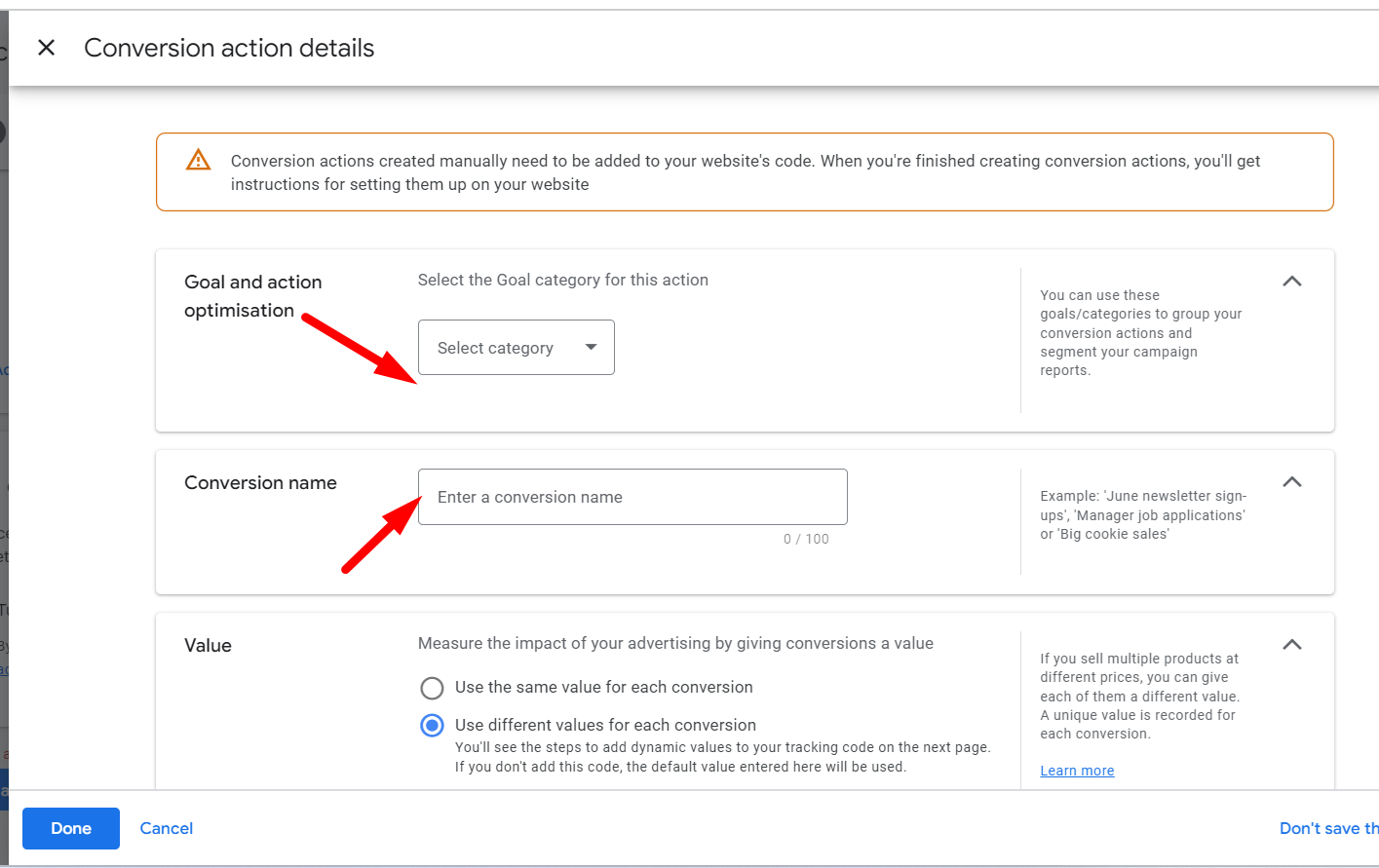 Add Conversion details manually in google ads