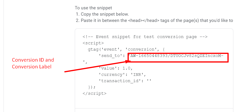 Check your conversion id and conversion label in google ads