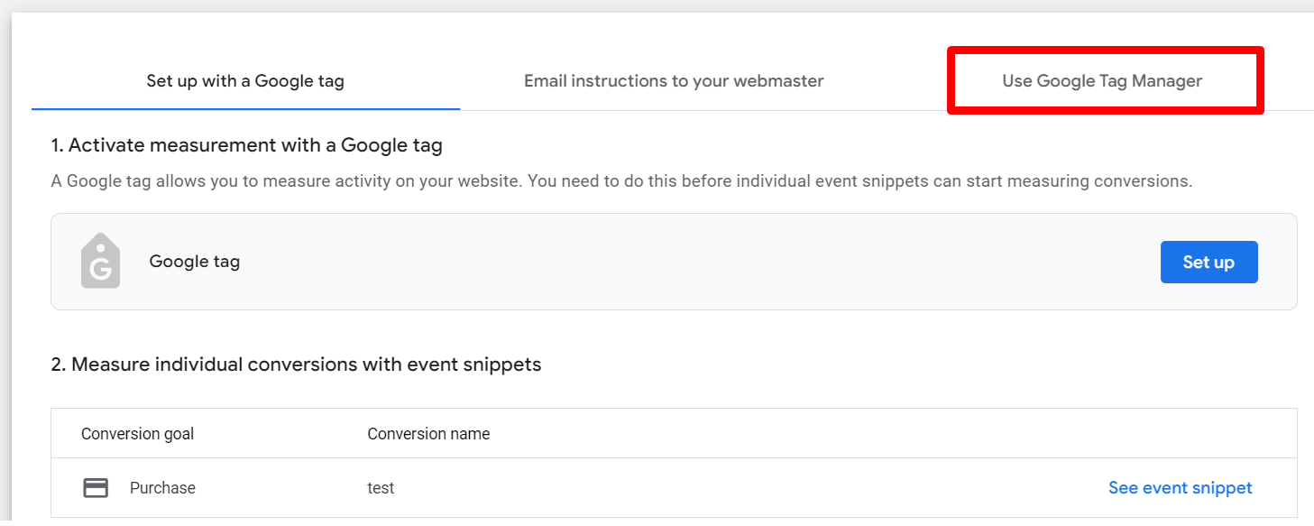 Choose Google Tag Manager to track conversion in Google Ads