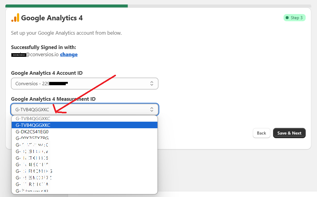 Choose google analytics 4 measurement id in conversios shopify app