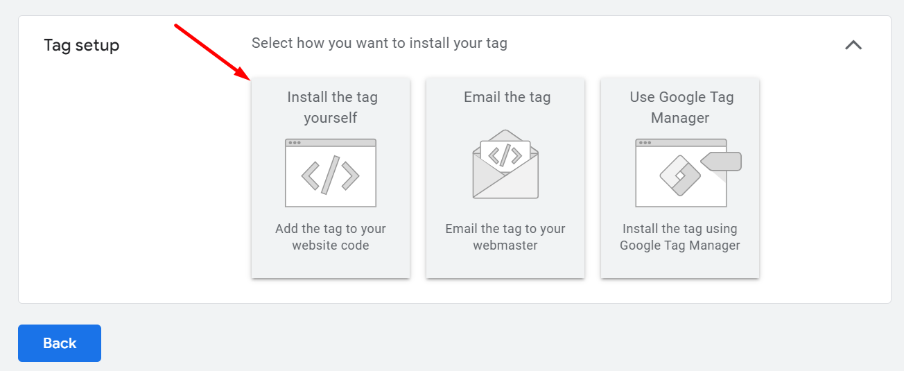 Choose option for tag setup in conversion setting in google ads
