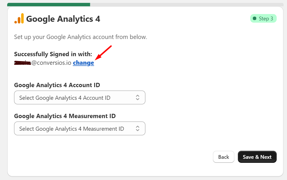 Click on Change button to change google analytics account id
