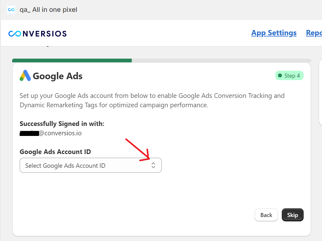 Connect your google ads account id with conversios shopify app