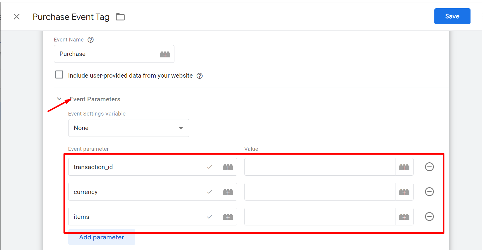 Enter Purchase event Parameters in GTM