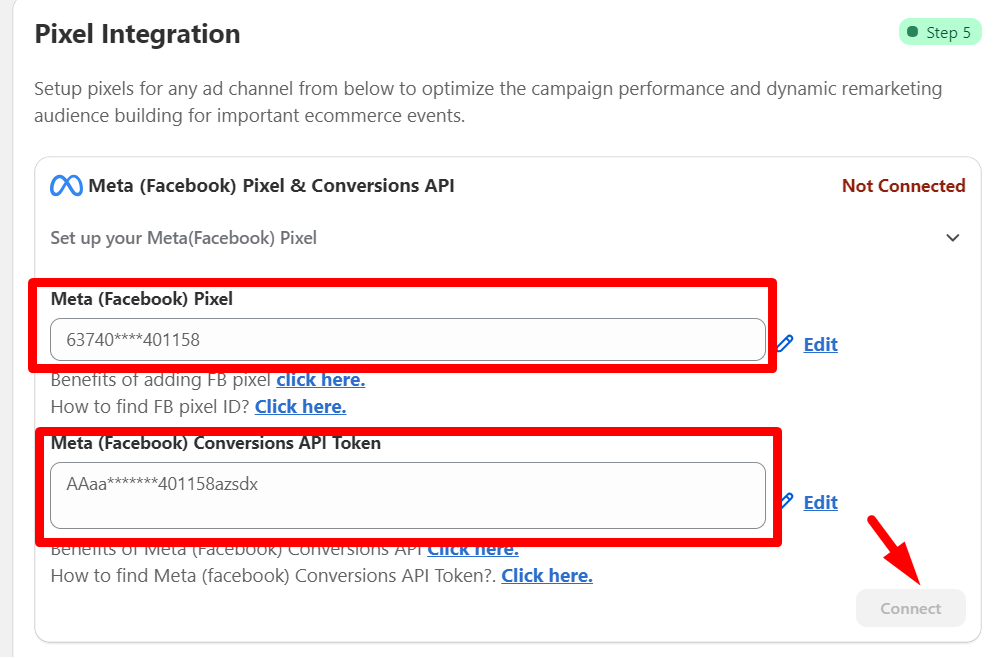Enter your Meta Pixel ID and Facebook Conversion API ID in Conversios App