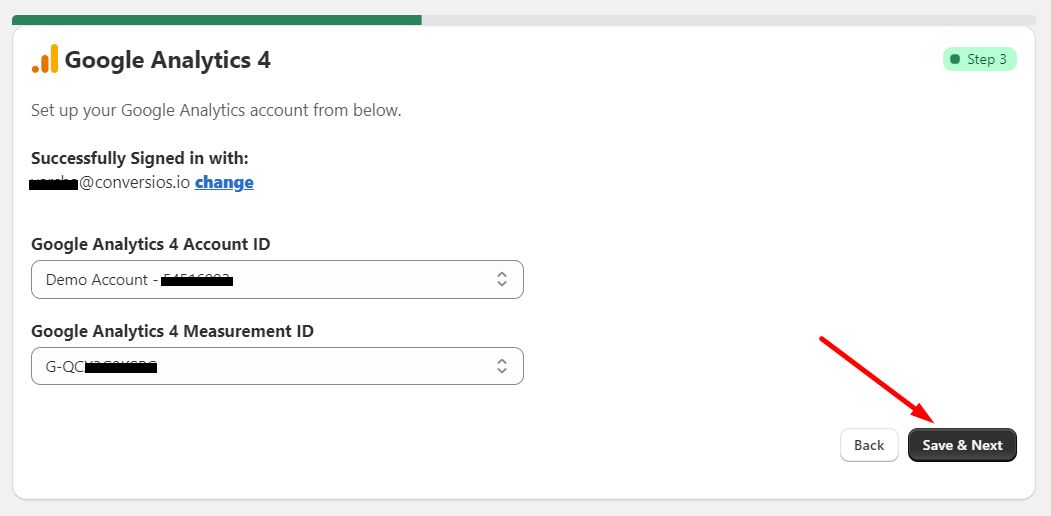 Save and next for google analytics 4 integration with shopify app