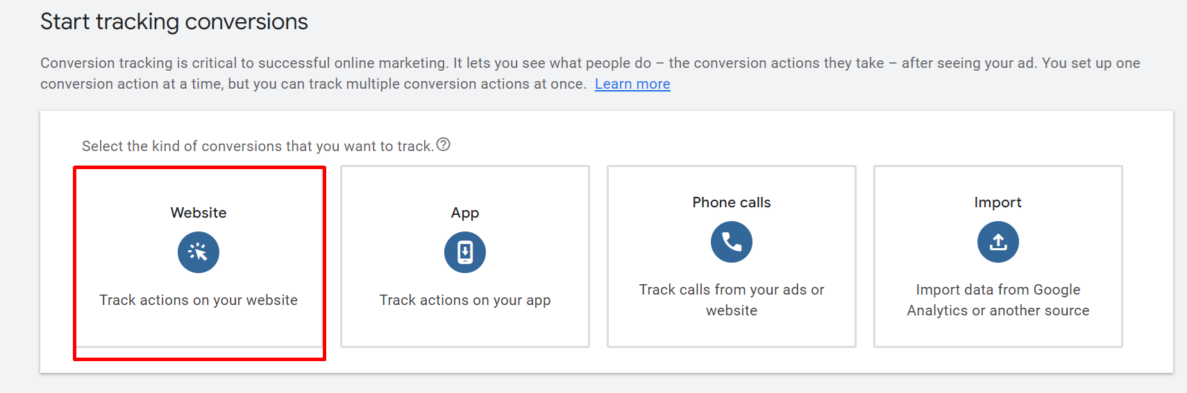 Select Website Type for New Conversion