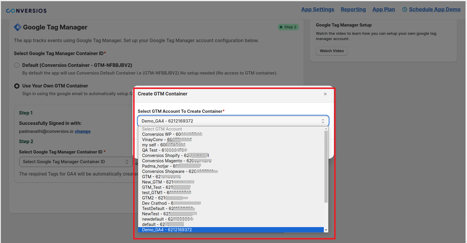 Select your GTM account from the dropdown menu