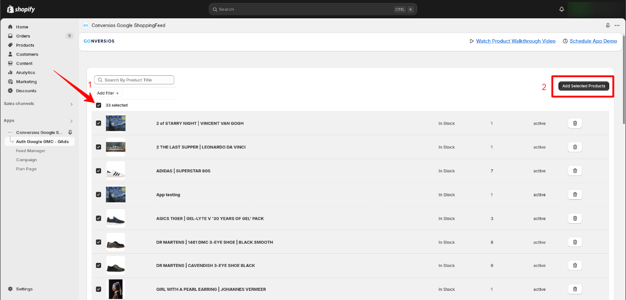 Add selected products and then Start Feed Sync