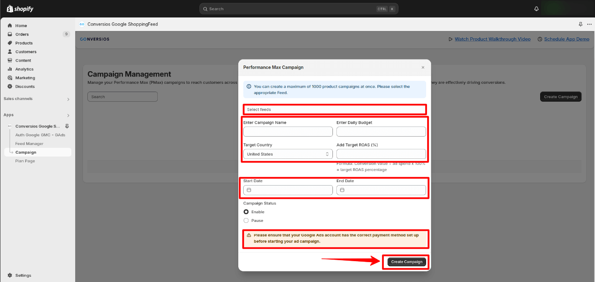Set ads Campaign details and payment method