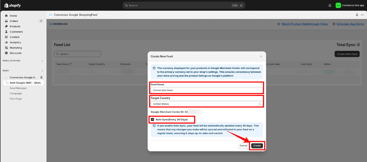 Enter feed name, targte country and enable auto sync