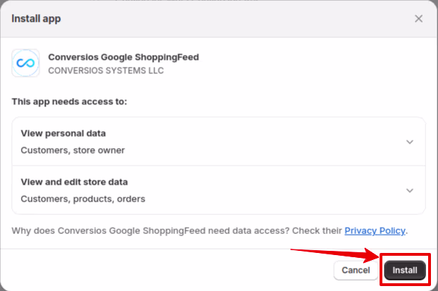 Install google shopping feed shopify App