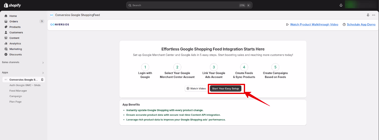Start google shopping feed App Setup in shopify